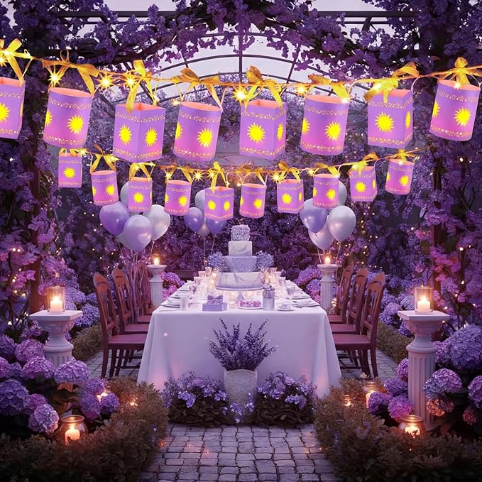 20 Pack Princess Sun Hanging Lanterns with LED Light Purple Princess Hanging Paper Lanterns DIY Set Sun Cutout Square Round Decorations for Photo Props Birthday Party(Purple)