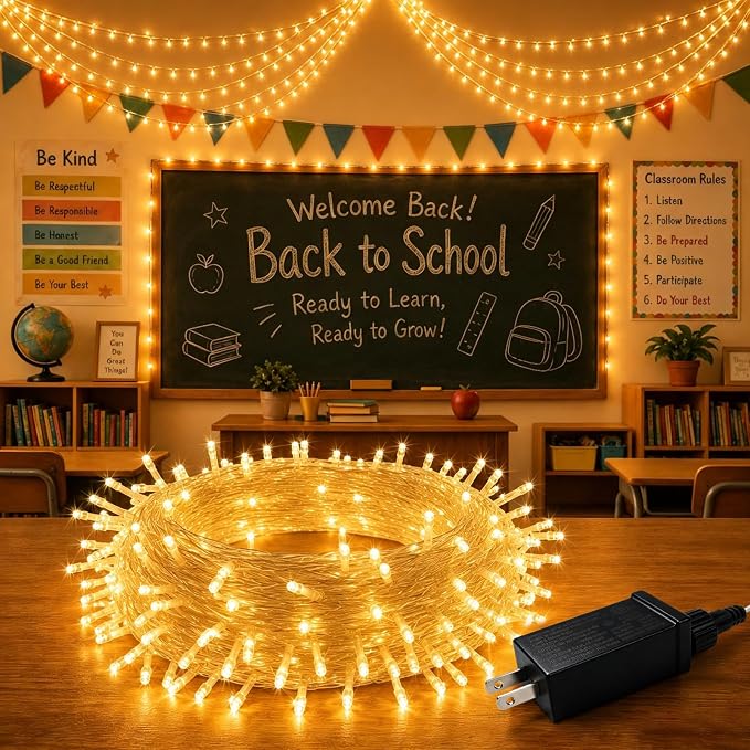 PJT 200 LED Classroom String Lights 66FT Warm White Fairy Lights, Teacher Classroom Decor Plug in Lights with 8 Lighting Modes for Bulletin Board, Reading Corner, Wall, Back to School, Home Decor