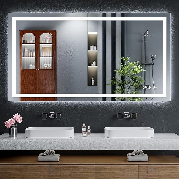 55"x30" LED Bathroom Mirror with Lights, Backlit+Frontlit, Anti-Fog | CRI 95, Stepless Dimmable, 3 Colors Lighting, Shatterproof Tempered Glass, HD Reflection, Memory, (Horizontal/Vertical)