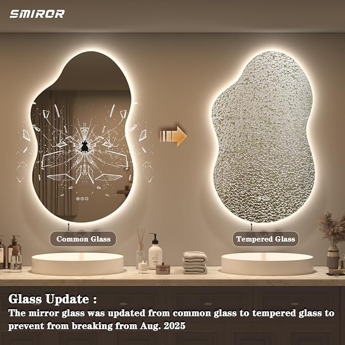 SMIROR 20x36 Irregular Backlit Led Lighted Bathroom Vanity Mirror | Asymmetrical, Cloud Shape, Anti-Fog, 3 Colors, Dimmable, Memory, Tempered Glass, UL