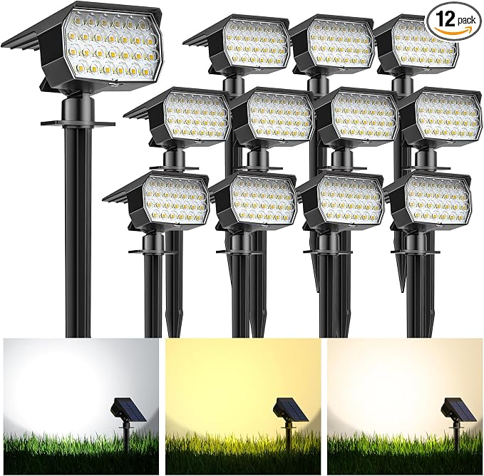 Solar Spot Lights Outdoor 12 Pack, [52 LED/ 6 Color Lighting] Solar Lights Outdoor Waterproof IP65 Dusk to Dawn Solar Powered Landscape Spotlights for Outside Yard Garden Pathway Lawn