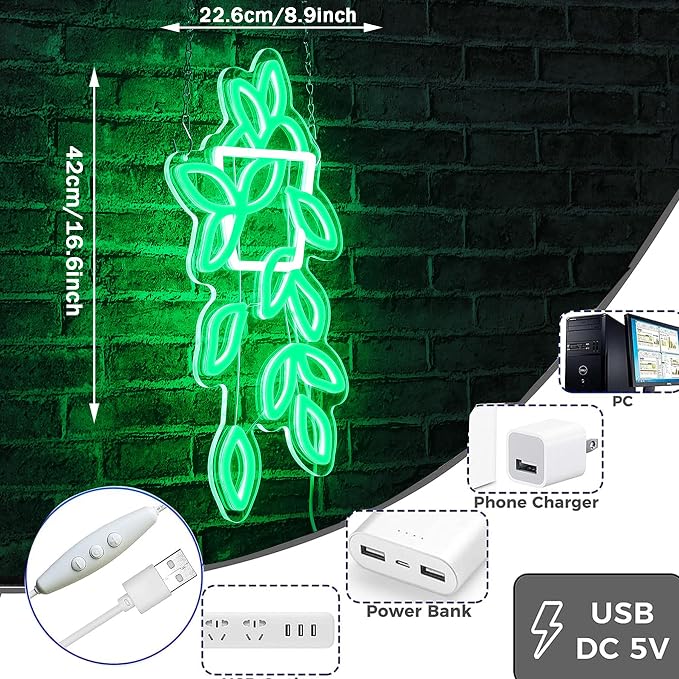 Green Planter Neon Lights,LED Hand Bouquet Neon Signs for Wall Decor, Neon Light Sign Neon Room Decor,USB Night Lights for Bedrooms,Shops,Florists,Bars,Parties,Wedding,Holiday Gifts