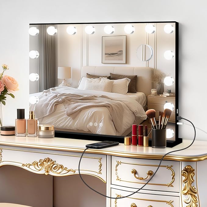 Moonee Vanity Mirror with Lights, Black Hollywood Lighted Makeup Mirror with 17 Dimmable Bulbs and 10X Magnification, 3 Colors Modes, Aluminum Metal Frame, Light Up Mirror for Tabletop/Wall（26" x 20"）