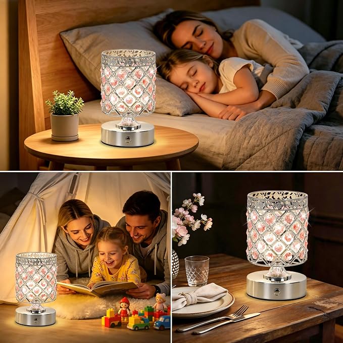 Pink Crystal Rechargeable Cordless Table Lamp, Touch Small Desk Lamp | 6000mAh Battery, 3 Color Temps, Stepless Dimming, USB Charging, Portable Wireless Night Light for Bar Bedroom Living Room
