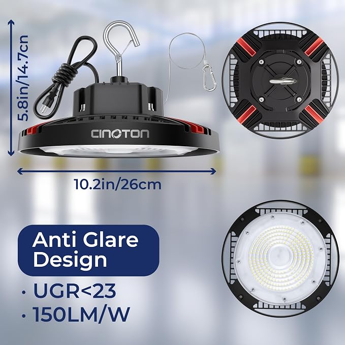 CINOTON 160W UFO LED High Bay Light, Aluminum LED Shop Lights with 24000LM, 5000K Commercial Bay Lighting for Warehouse Garage Workshop Factory Shed, 6' Cable & Safety Rope, ETL Listed 10 Pack