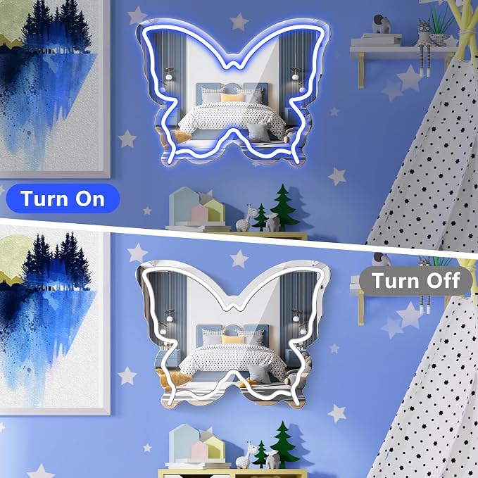Butterfly Neon Sign Mirror, Neon Sign for Wall Decor, LED Butterfly Light with Dimmable Brightness, 15.7" x 12" Mirror Neon Sign for Girls Room, Teen Bedroom Decor, Birthday Party Gift, USB Powered Blue