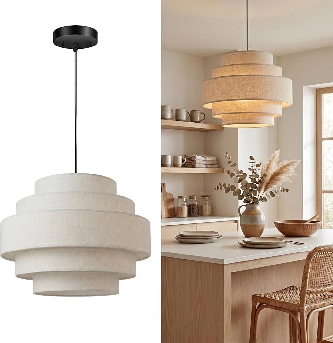 AUQUEE 5-Tier Farmhouse Chandelier, 13" Modern Drum Pendant Light Fixture with Linen Lampshade, Adjustable Height Hanging Ceiling Lighting for Bedroom/Nursery/Dining Room/Kitchen Island/Entryway,Beige