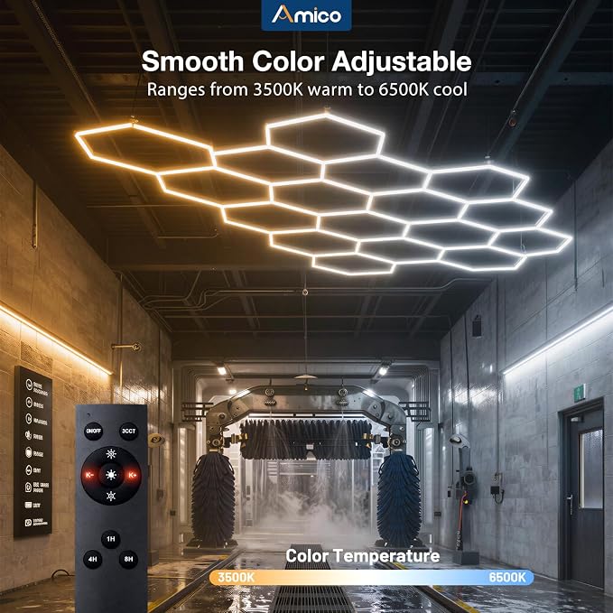Amico Hexagon Garage Lights Dimmable & Tunable, 1 Hex Grid, Remote & Timer | 10-100% Stepless Dimming, 3500K-6500K Adjustable, 48W 6000LM Honeycomb LED Ceiling Lights for Garage Workshop Car Detailing