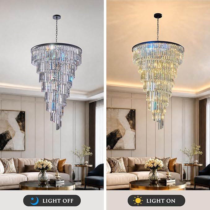 36'' Spiral Crystal Chandelier Black Modern Light Fixture, Large High Ceiling Foyer Ceiling Pendant Light, 30 E12 LED Bulbs Included, Adjustable Chain Hanging Lamp for Entryway, Hallway, Black