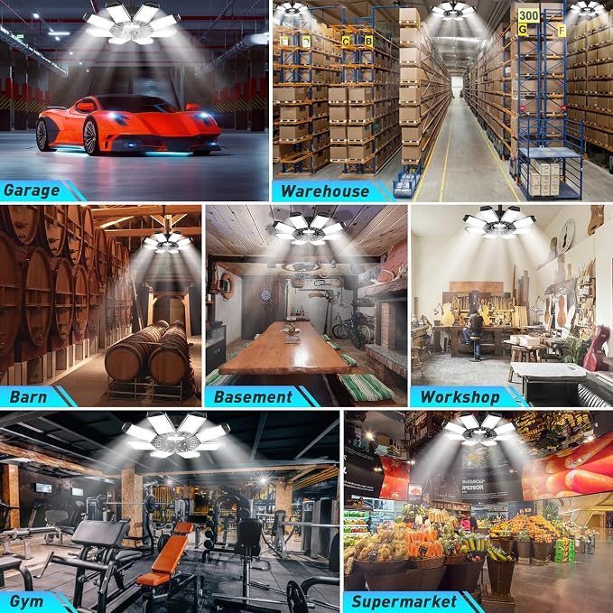 ISKYDRAW LED Garage Lights 4 Pack, 260W 26000LM Bright Shop Light | 8+1 Deformable Panels,6500K Daylight,Screw in E26/E27 Bulb Socket,Garage Lighting for Workshop Basement Barn Attic