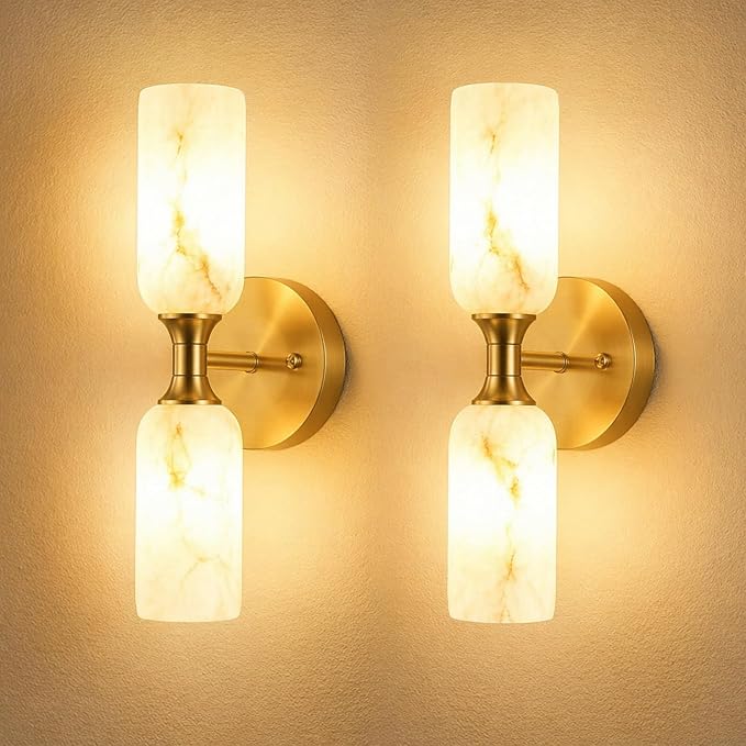 Alabaster Wall Sconces Set of 2, 14in 3-Color Changing Spanish Natural Marble Wall Sconce, Hardwired Brass Gold LED Wall Fixture for Bathroom, Bedroom, Living Room, Hallway, Staircase