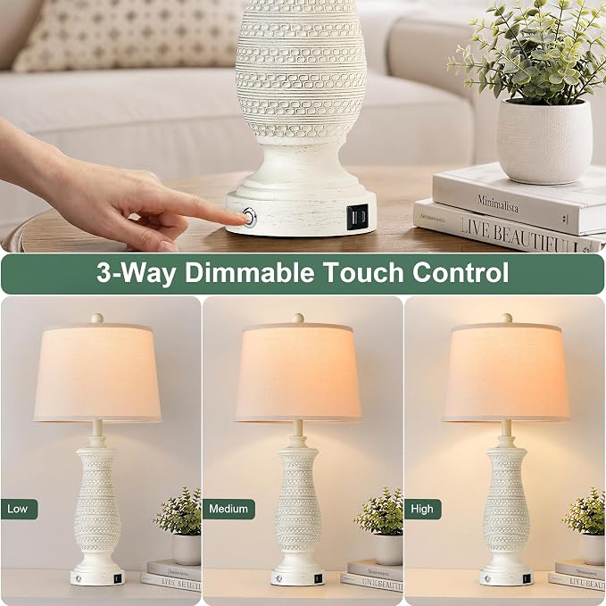Living Room Lamps Set of 2, Table Lamps for Bedroom, Farmhouse Lamps for Nightstand with Oatmeal Linen Lampshade (Beige-2)