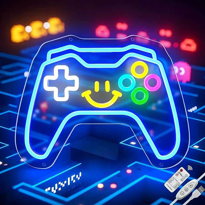 Gaming Neon Signs Controller LED Sign with Remote for Gamer Room Decor, Gamepad Shaped LED Neon Sign for Son Gamer Lovers Gifts, Game Neon Light Smile Face for Basement Bedroom Boys Man Cave Kids Teen