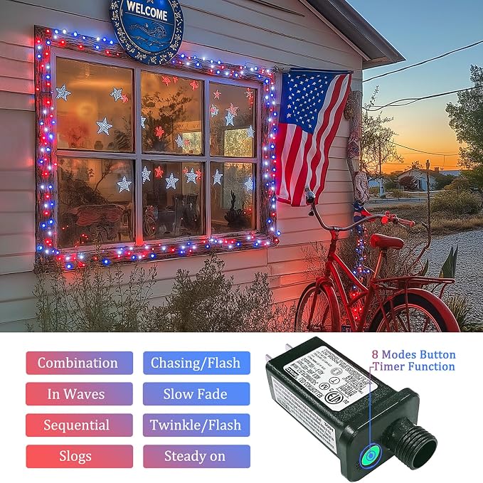 JMEXSUSS 200 LED 4th of July Fairy Lights, Red White and Blue Lights Indoor | 8 Modes with Wheel Remote Control Twinkle Patriotic Lights in for Independence Day American Flag Holiday