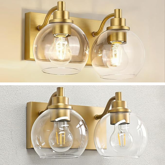 IZORRO Bathroom Light Fixtures, 2-Light Brushed Gold Vanity Light, Modern Wall Sconces with Globe Clear Glass Shade, Vanity Lighting Fixtures Over Mirror,E26 Bulb Socket