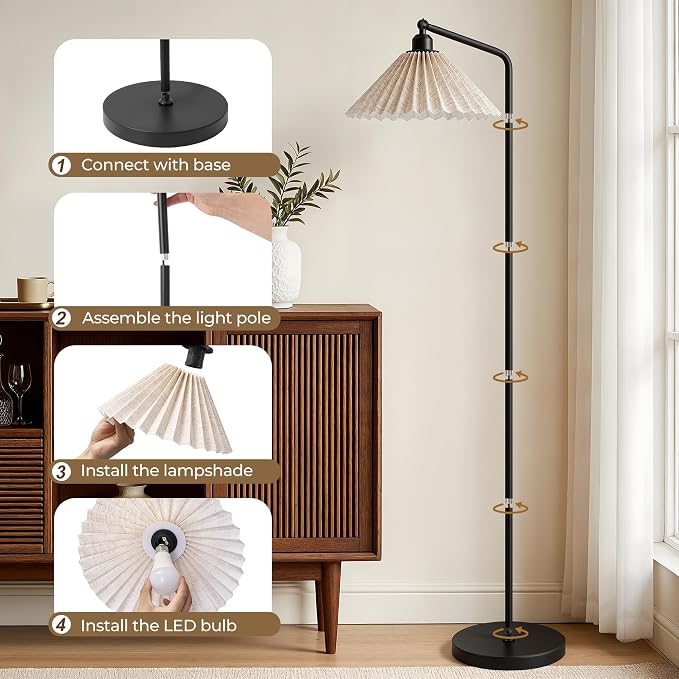 Floor Lamps for Living Room & Bedroom, 63" Modern Tall Standing Lamp, 3CCT | Rustic Pole Lamps for Home Office, Classroom, Bedside, Pleated Lampshade, Foot Switch, Easy Assembly (Bulb Included)
