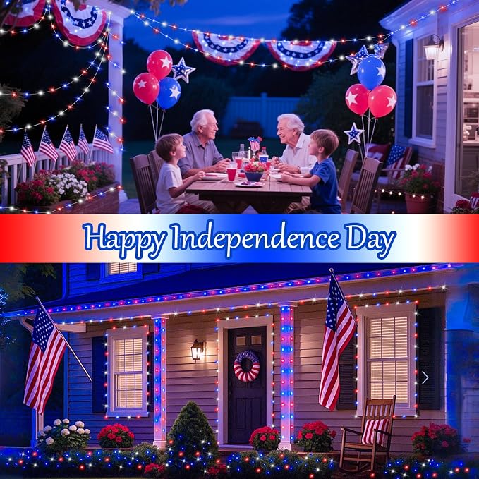 btfarm 2 Pack Red White and Blue Solar Fairy Lights | 4th of July Solar String Lights Outdoor Waterproof, 160LED 66FT Memorial Independence Day Patriotic for Tree Garden Patio