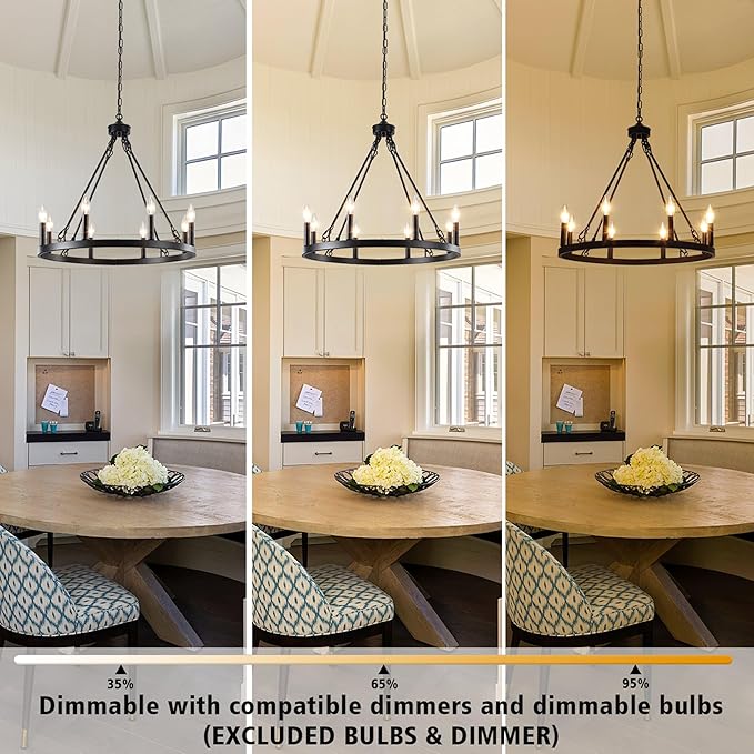LASENCHOO Plug in Wagon Wheel Chandelier 8 Lights Dia 23.6" Black Round Farmhouse Chandeliers for Dining Room Light Fixture, Hanging Lights with Plug in Cord 16.4ft & Switch for Gazebo Hallway Foyer