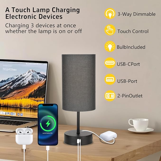 Bedside Table Lamp for Bedroom - 3 Way Dimmable Touch Lamp USB C Charging Ports and AC Outlet, Black Base Round Flaxen Fabric Shade for Living Room, Desk, LED Bulb Included(Black)
