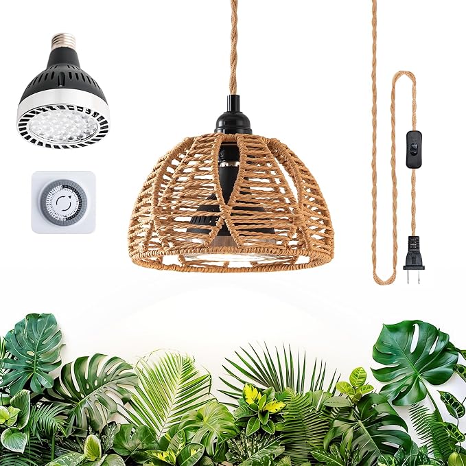 Hanging Grow Light, 30W LED Lamp with Timer for Indoor Plants | 4000K LED plant lamp with 15 ft cord, outlet timer, and boho paper rope shade for succulents, herbs, and low-light rooms.