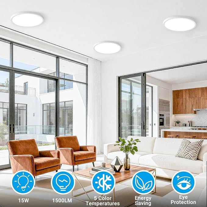 LED Flush Mount Ceiling Light,7Inch 15W,3000K/3500K/4000K/5000K/6500K 5 Color Temperatures Ceiling Light Fixture for Kitchen Porch Hallway Bedroom Bathroom and Closet,White
