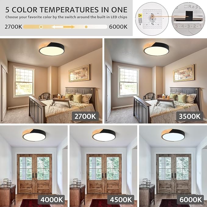 Modern LED Ceiling Light, Minimalist Wood Dimmable Flush Mount Ceiling Light Fixture, Round 5CCT Lighting Lamp with Acrylic Lampshade for Bedroom Hallway Laundry, Black 11.8"