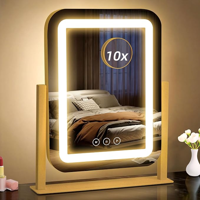 12"×13.9" Vanity Mirror with Lights, LED Makeup Mirror | Smart Touch, 3 Dimmable Colors, Memory Function, 10X Magnifying, for Desk, Bedroom, Dorm, Vanity