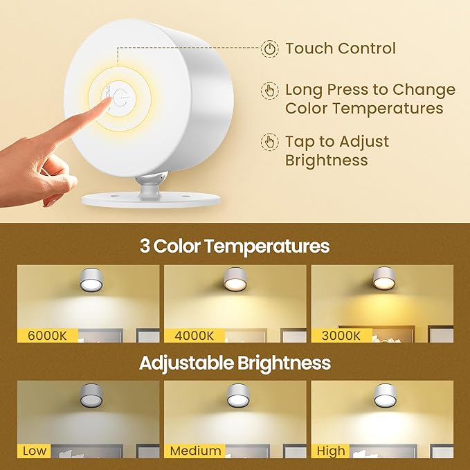 Wall Mounted Lamp LED Wall Lights with Rechargeable Battery Operated, 3 Color Temperatures & 3 Brightness Levels 360°Rotate Magnetic Ball, Cordless Sconces for Bedroom Reading Bedside,White-1 PACK