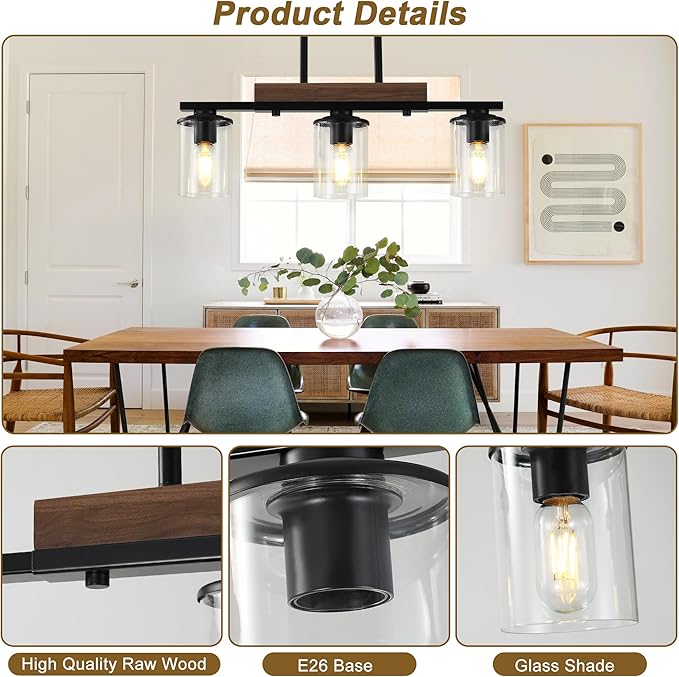 23.6" Dining Room Fixture Over Table,Farmhouse Chandelier | 3-Light, Black Modern Rustic Wood Pendant, Adjustable Height, Clear Glass Shade, Linear Hanging Lighting for Kitchen Island