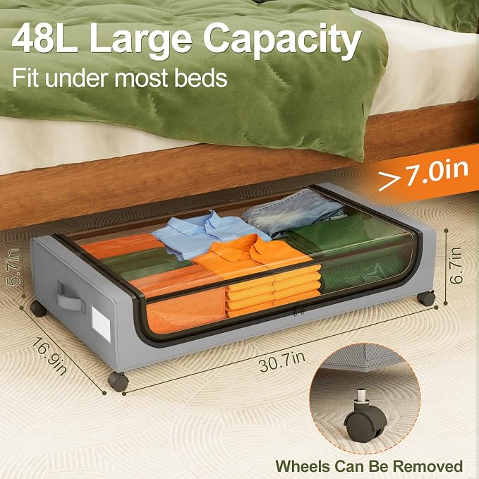 GoMaihe Under Bed Storage with Wheels 48L Grey 2-Pack | Rolling Bins for Shoes Clothes in Dorm Bedroom - Metal Drawers Easy Pull-out