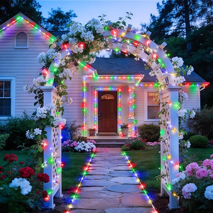 KNONEW Solar Rope Lights Outdoor 300LED 50FT Solar String Lights Outside Waterproof with Modes Clear Thin Tube for Pool Tree Patio Garden Fence Camping Yard Deck Trampoline（Multicolor）