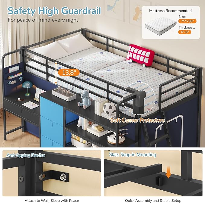 Low Loft Bed Twin Size with Desk, 6 Storage Drawers & Bookshelf, Kids Loft Bed with LED Lights & Under-Bed Play Space, Heavy Duty Metal Bed Frame with 13.8"H Safety Guardrail & Ladder, Blue and Black