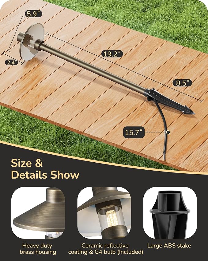 EDISHINE Solid Brass Low Voltage Landscape Lighting with G4 Bulbs 4 Pack | 22" Tall, 12V LED Pathway Lights Wired, Waterproof for Garden, Yard, Walkway, Bronze