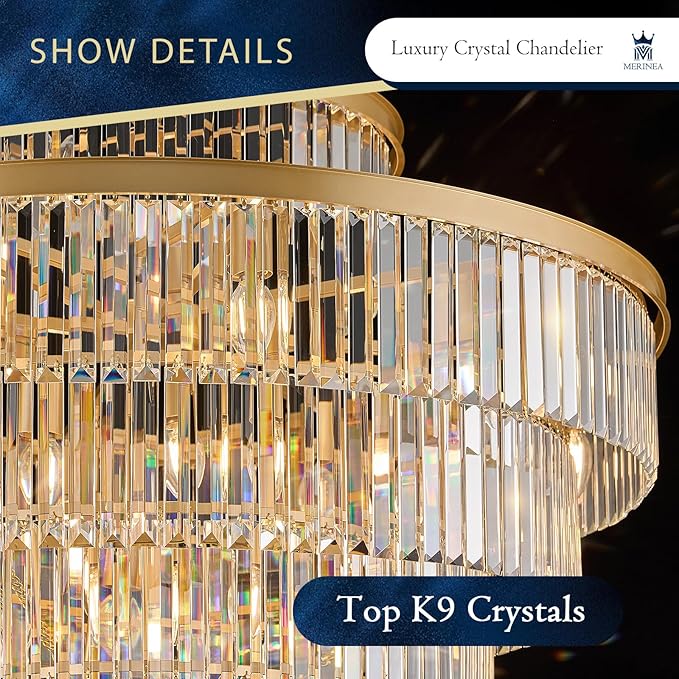 Crystal Chandeliers Large 40" 28 Lights Modern Round Chandelier Luxury Gold 7-Tier K9 Crystal Ceiling Pendant Lighting Fixture for Tall Ceiling Foyer Staircase Living Room
