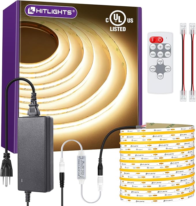 HitLights COB LED Strip Lights Kit Warm White 3000K with Remote, 16.4ft 12V | UL Listed, Dimmable Tape Light with Power Supply, 2640 LEDs, 426 lm/ft, CRI 90+, Rope Lighting for Bedroom Kitchen Cabinet