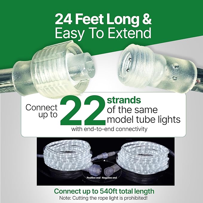 Tupkee LED Rope Light Cool-White - 24 Feet (7.3 m), for Indoor and Outdoor use - 10MM Diameter - 144 LED Long Life Bulbs Decorative Rope Tube Lights - Pack of 2