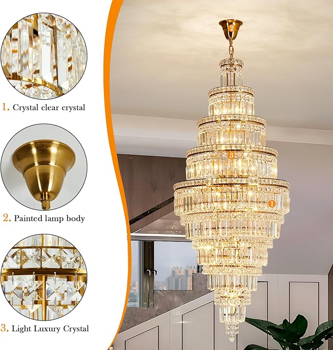 YYJLX Modern Crystal Chandelier 22 Light Extra Large Long Chandelier for High Ceiling Luxury Gold Hanging Pendant Light for Staircase Foyer Entryway