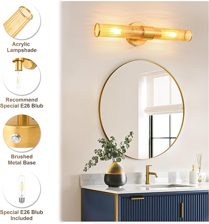 Morauroral Gold Battery Operated Wall Sconces Set of 2, Rechargeable Wall Lights with Remote Control, 20 Inch Modern Wireless Wall Lamp for Bedroom, Living Room with Amber Shade (Bulbs Included)