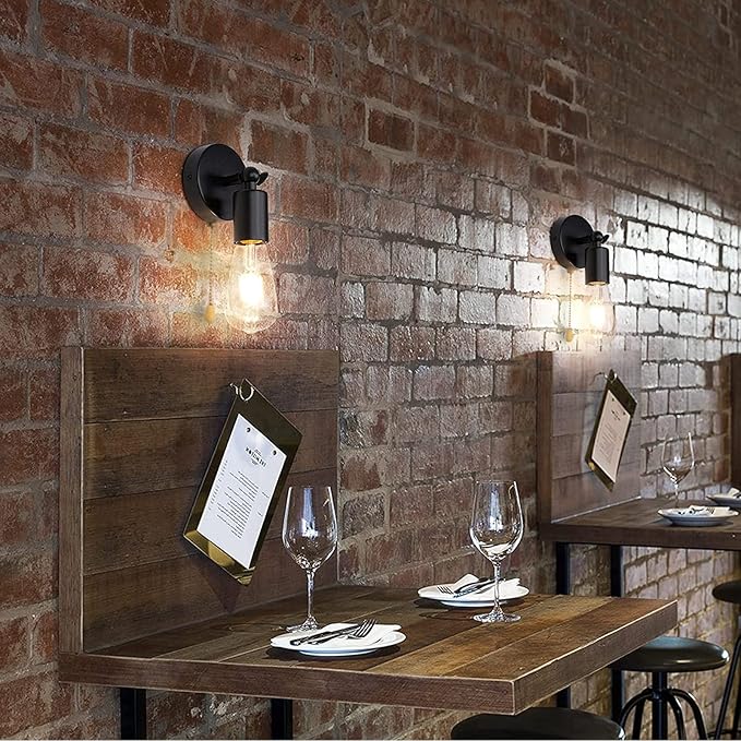 2-Pack Hardwired Pull Chain Wall Sconce, Black Wall Light Fixtures with Switch Indoor E26 Adjustable Small Sconces with Pull String for Kitchen Bedroom Hallway