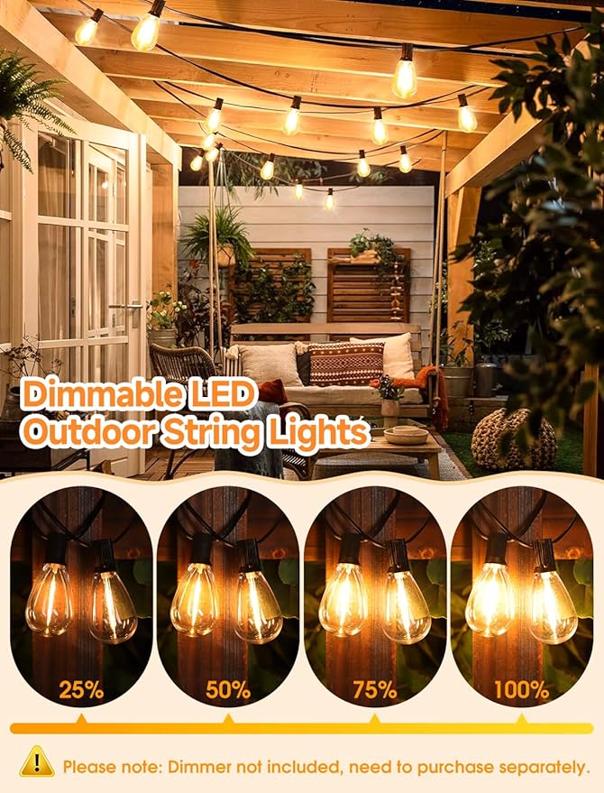50FT(2X25FT) LED Outdoor String Lights, 22 Edison S11 Bulbs, Black | Plug in, Dimmer not included, Dimmable, Waterproof, Shatterproof, Connectable Hanging Lights for Garden Umbrella Decor
