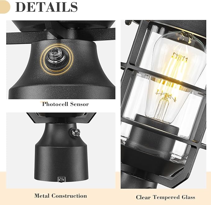 Emliviar Dusk to Dawn Black Lamp Post Light Fixture, 14 Inch Outdoor Pole Light for Porch with Photocell Sensor, Outside Pillar Lantern with Clear Tempered Glass Shade, GE255P-L-PC BK