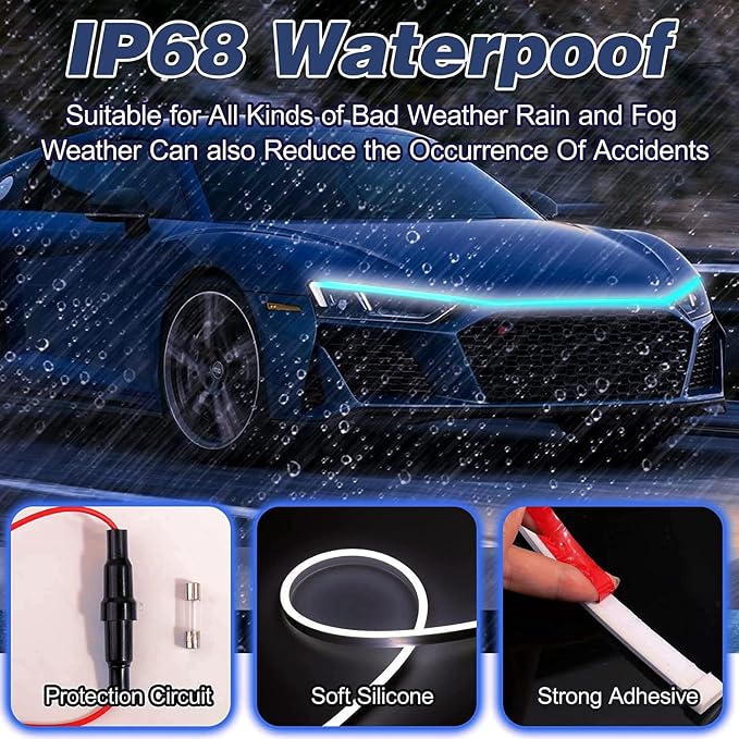 Car Hood Light Strip, 70 Inch LED Bonnet for Cars, SUVs, Trucks, Ice Blue | 12V Flexible Headlight, Waterproof Daytime Running Light, Dynamic Scan Start-up Effect, Universal