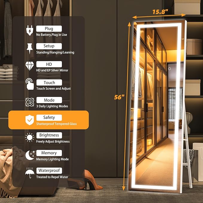 Hasipu Full Length Mirror with Lights, 56" x 15.8" LED Floor, Full Body Dressing Standing, Hanging Mounted Mirror, Square White