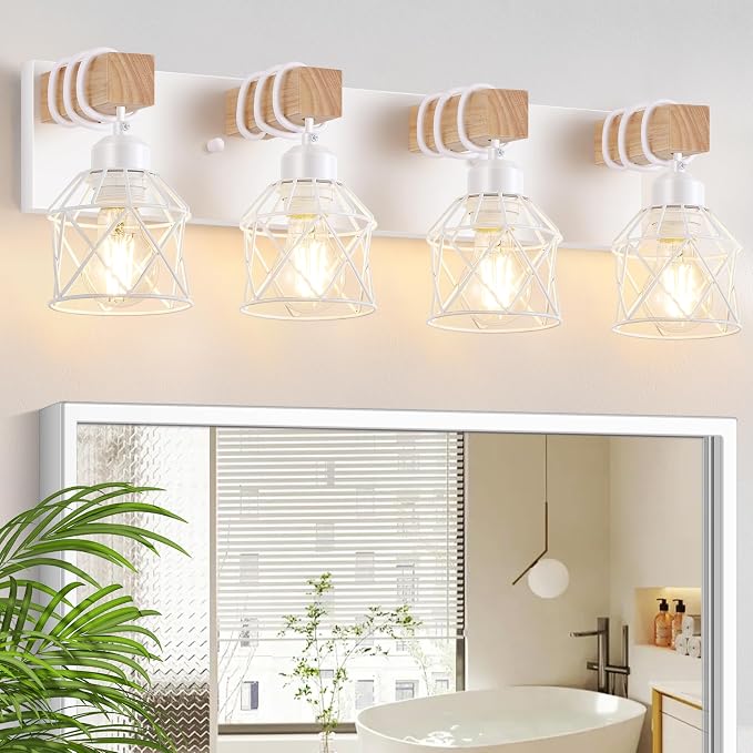 FadimiKoo 4-Light Farmhouse Vanity Lights for Bathroom, White Wood Bathroom Light Fixtures Over Mirror, Rustic Vanity Lights with Metal Shade, Bathroom Lighting for Living Room, Bedroom, Hallway