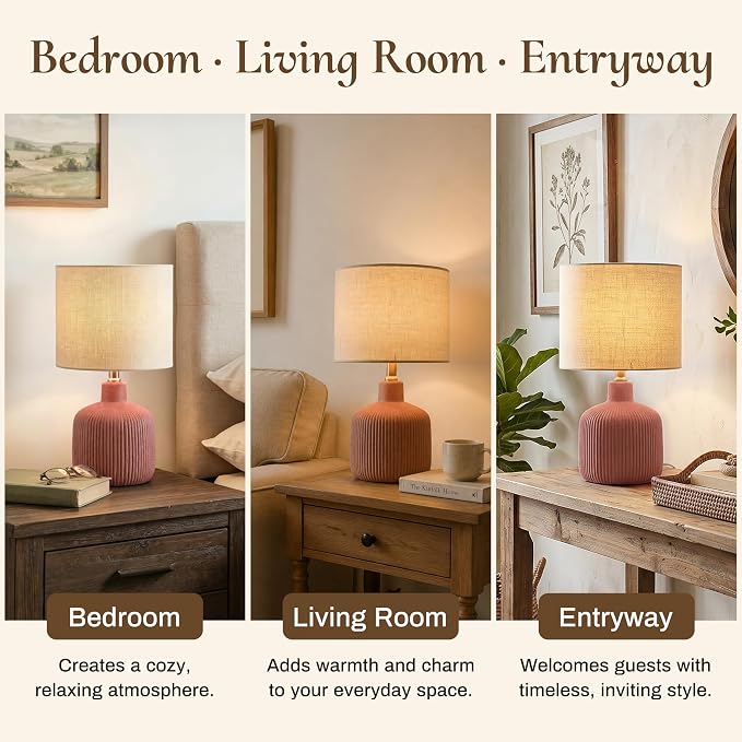 Ceramic Table Lamp, 17.75" Rustic Farmhouse Bedside Lamp with Beige Linen Shade, Warm Ambient Nightstand Lighting for Bedroom or Living Room, Painted Terra