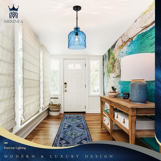 Blue Hammered Glass Pendant Light – 10-Inch Wide Single Dome Light Fixture, 1-Light E26 Ceiling Hanging Lamp for Kitchen Island, Dining Room, Hallway