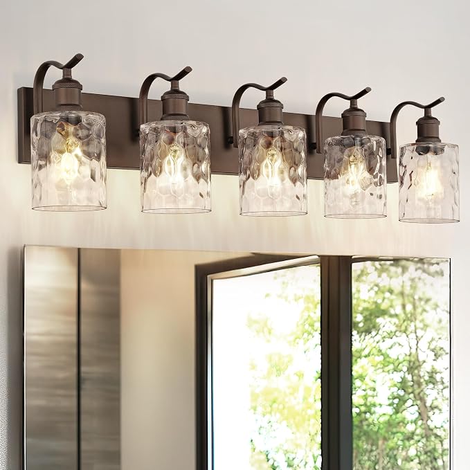5-Light Bathroom Vanity Light,Hammered Glass,Oil Rubbed Bronze | 34.2 Inch Over Mirror Wall Light,E26 sockets,for bathroom mirror,powder room,dressing area