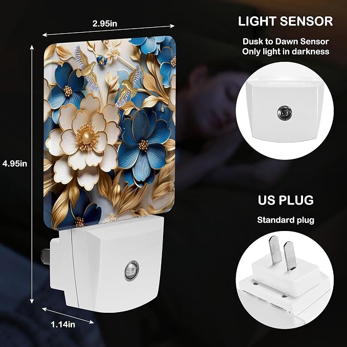 LED Night Light Lamp with Smart Sensor Dusk to Dawn Sensor,Gold and Blue Flowers Night Light Daylight White,0.5W Plug-into Wall for Adults,Bedroom,Bathroom,Hallway,Kitchen