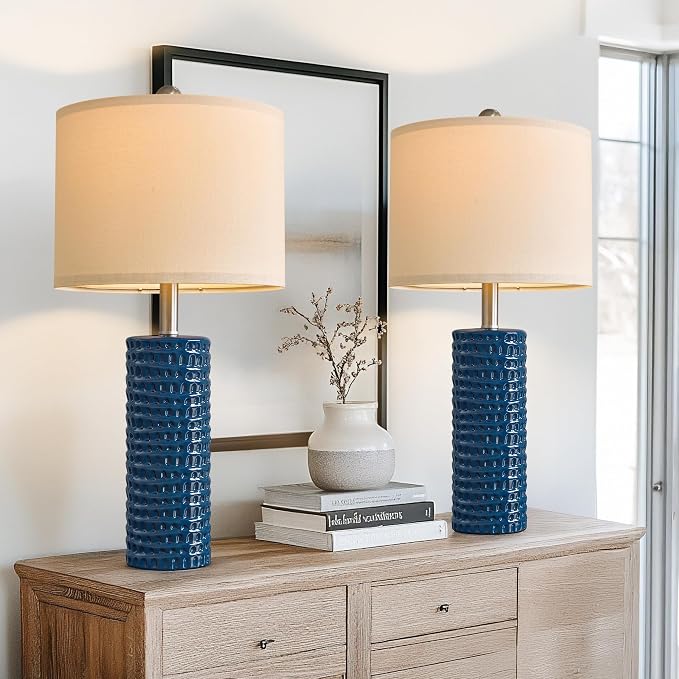 PORTRES 24.75" Modern Accent Ceramic Table Lamp Set of 2 for Bedroom Desk Decor Bedside Lamps for Living Room Study Room Office Dorm Farmhouse Nightstand Lamp End Table Lamps (Blue)