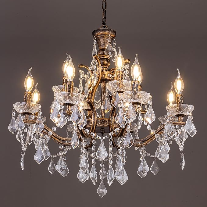 TOCHIC Vintage Chandelier for Living Room, 12 Lights Crystal Chandelier for Dining Room, 27.6" D Antique Bronze French Chandeliers Candle High Ceiling Pendant Light for Bedroom Kitchen Foyer Entryway
